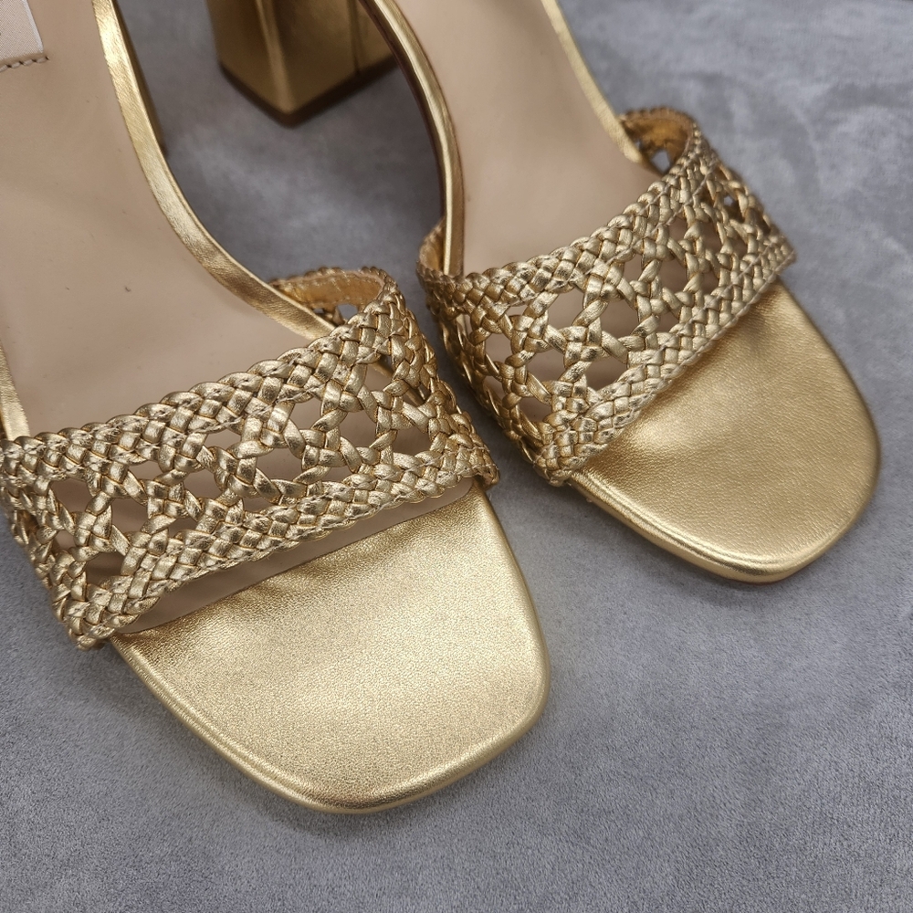 Antonio Melani Heeled Sandals 10 Golden Woven Leather Gretel Metallic New $140 - Picture 9 of 15